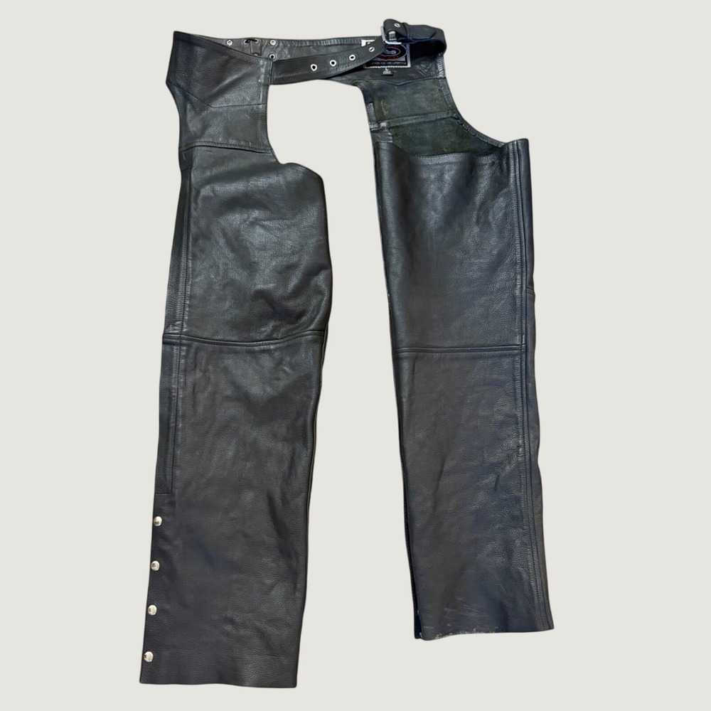 River Road Leather Motorcycle Chaps Size L Biker Riding Gear Black Belted